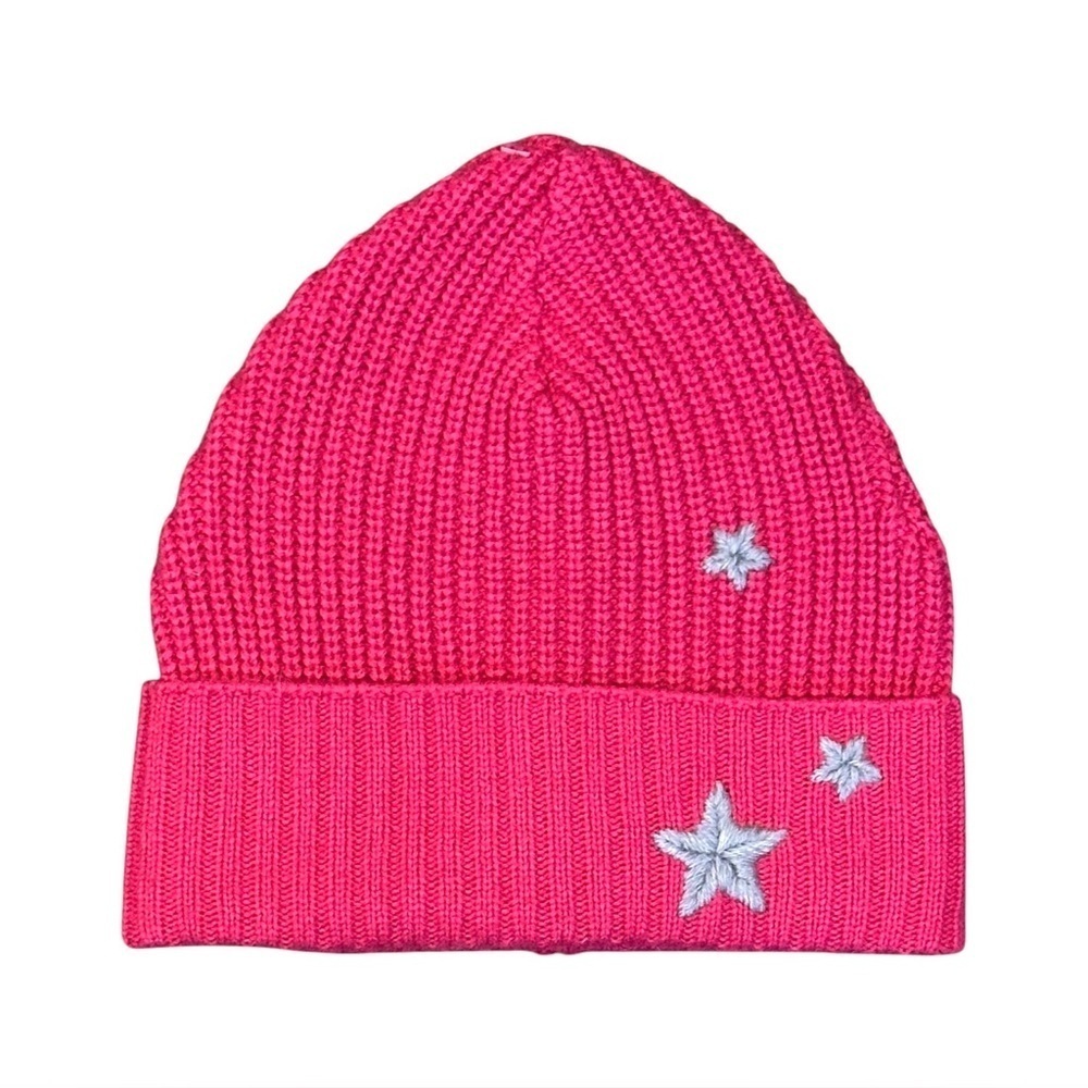 Rebecca Minkoff Embroidered Star Peak Ribbed Knit Beanie Hat in Hot Pink O/S